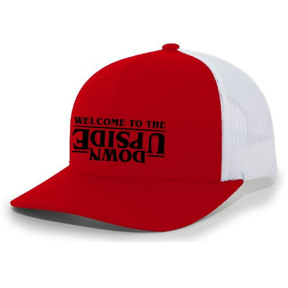 Welcome to the Upside Down Mens Embroidered Mesh Back Trucker Hat, Red/White