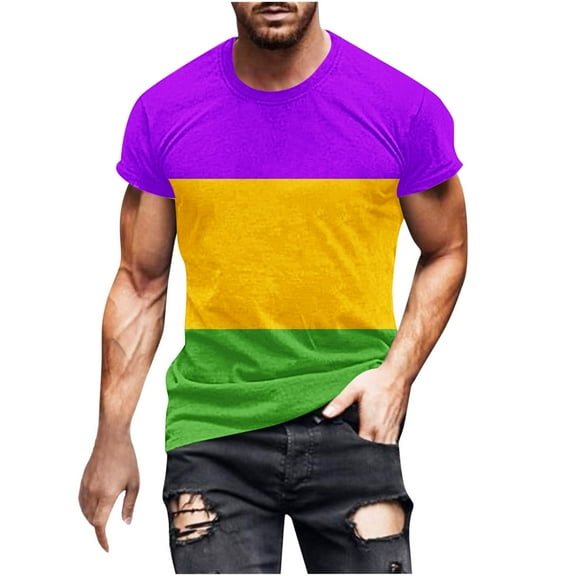 IYTR Mens Short Sleeve Shirts Comfy T Shirt Color Block Patchwork Summer Fashion Casual Slim Crewneck Blouses Purple XXL