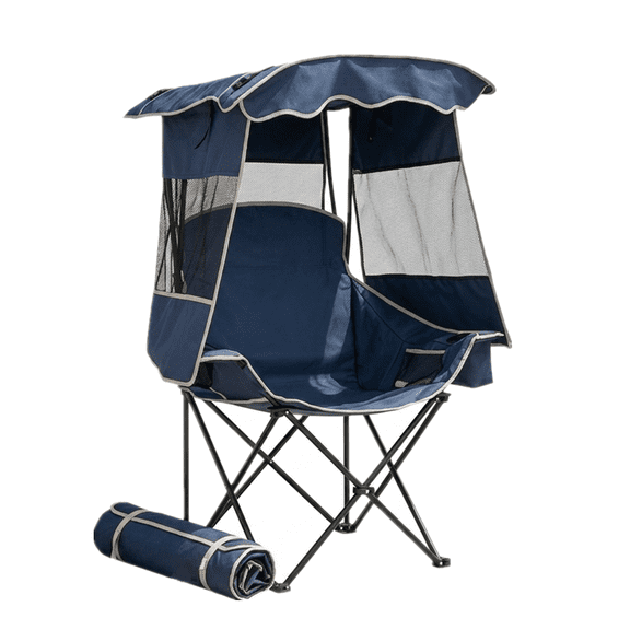 ABORON Camping Chair with Canopy Sunshade, Portable Folding Camping Chair for Outdoor & Beach, Heavy Duty Lawn Chair for Adults with Cooler Bag and Cup Holder, Supports 330 lbs - Navy Blue