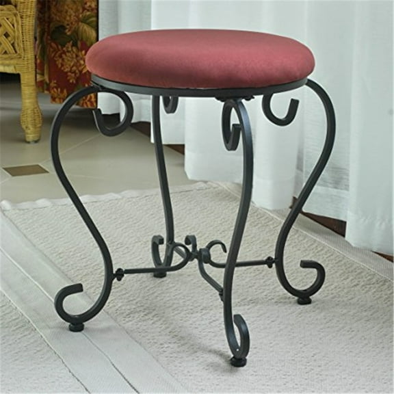 Asian Round Vanity Stool - Iron Frame Accent Chair with Cushion - 14x14x17 Inch