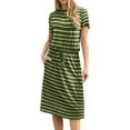 thumbnail image 3 of Mengpipi Dresses for Women Casual Loose Short Sleeve Tie Waist with Pockets, Green-Stripes-S(US 4-6), 3 of 8