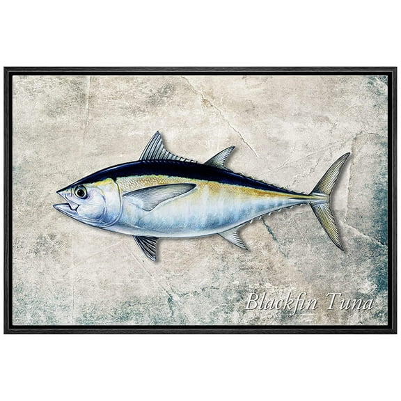 wall26 Framed Canvas Print Wall Art Black Fin Tuna Fish on Granite Background Marine Life Animals Digital Art Realism Nautical Scenic Colorful Ultra for Living Room, Bedroom, Office - 16"x24&quo