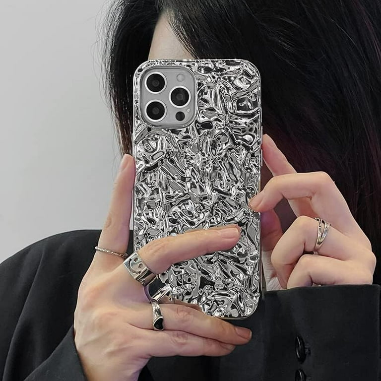Compatible for iPhone 13 Pro Max Case Cute Luxury Designer Tin Foil Pleated  Phone Cover for Women Electroplated Sparkly Silicone Protective Slim Fit