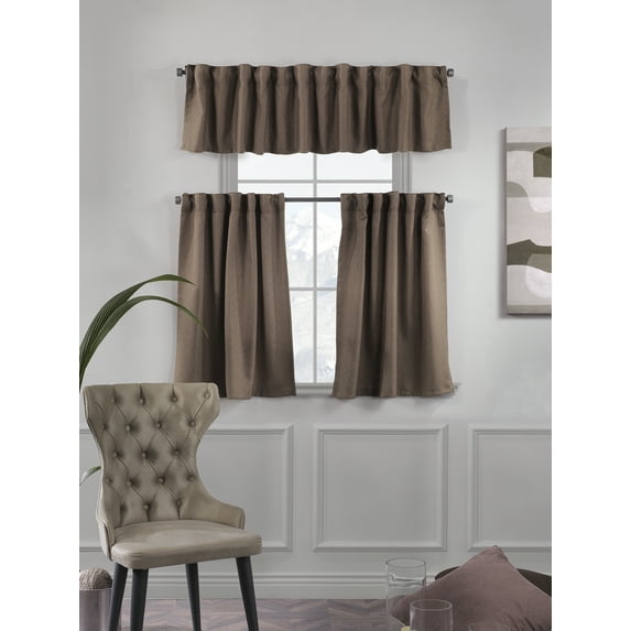 3S Brother's Solid Linen Look Curtains Drapes Kitchen Valance Set of 3 Hanging Rod Pocket Window Valance Treatments Decorative Valances Tiers Café Curtains (Cappuccino 50"x14"Valance - 24"x24"Tiers)