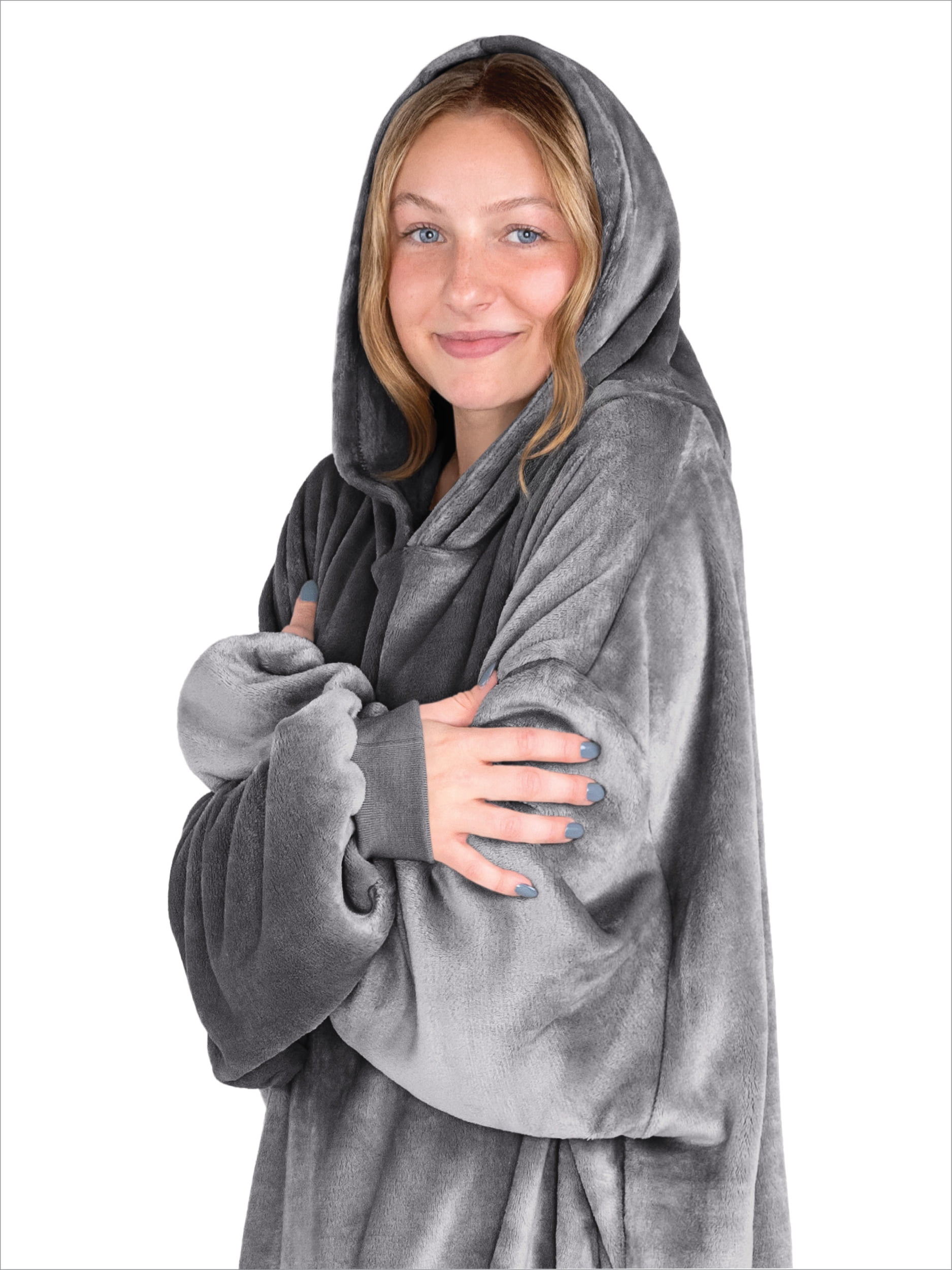 Bare Homey Adult Size Microplush Wearable Blanket - Long Length - Zipper Side Pockets, Gray