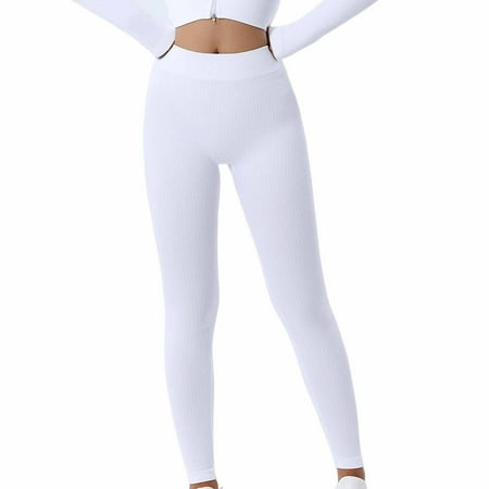 JWZUY Womens Rib Seamless Yoga Leggings Knit High Waist Fitness Athletic Workout Running Booty Pants White L