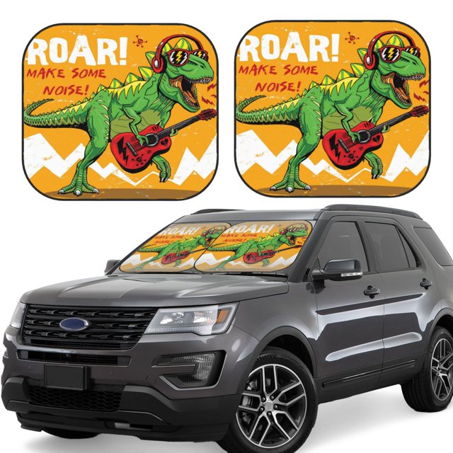 Saiise Cool Dinosaure Jouant de la Guitare pour Voiture Pliable Pare-Soleil (Lot de 2) Offre Protection Solaire avec un Design Pliable Facile pour Pare-Brise Pratique-Moyen