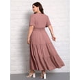 thumbnail image 2 of Plus Size Pink V-Neck Short Sleeve Ruched Hem Maxi Dress With Lace Insert Casual Boho Sundress, 2 of 5