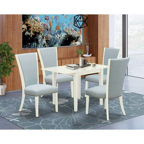East West Furniture East-West Furniture NDVE5-LWH-15 - A dinette set of 4 amazing kitchen dining chairs with Linen Fabric Baby Blue color and a lovely drop leaf rectangle kitchen table with Linen...