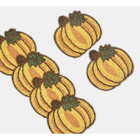 Set of 6 Handmade Coaster, Beaded Pumpkin Coaster, Halloween Tableware 4X4 Inch