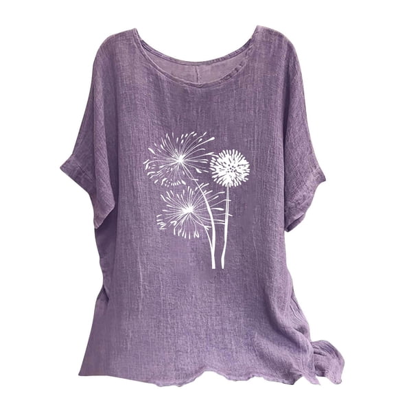 Blusas de Manga Corta para las Mujeres Mezcla de Lino de Ajuste Suelto Top de Bordado, Blusas para las Mujeres Casual