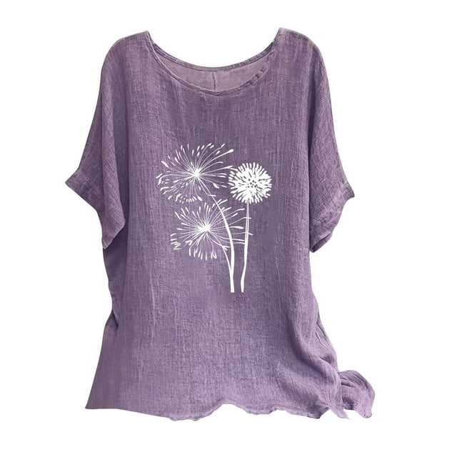Blusas de Manga Corta para las Mujeres Mezcla de Lino de Ajuste Suelto Top de Bordado, Blusas para las Mujeres Casual