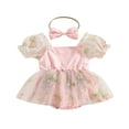 thumbnail image 1 of Bébé Fille Robe Romper avec Arc Bandeau Manches à Bulles Jupe Florale Sundress, 1 of 6