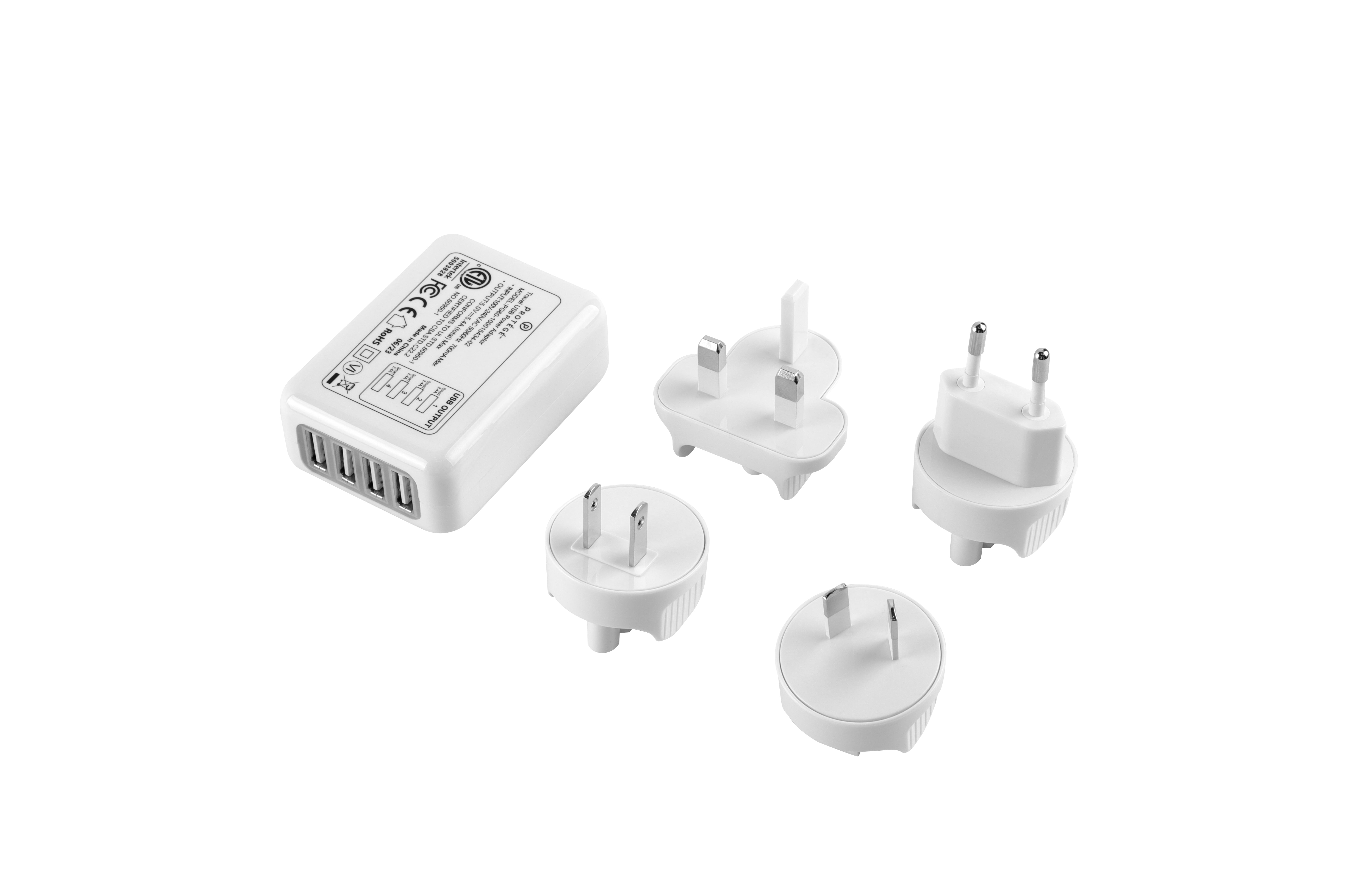 Protege 27w 4 USB Charger with 4 Travel Adapter Plugs, White, 6.6oz