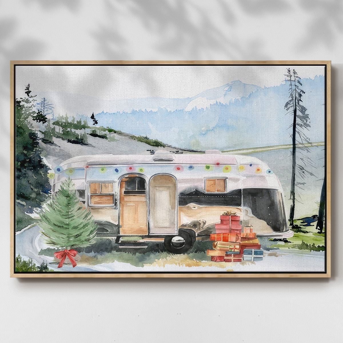 Holiday Vacation I - Framed Gallery Wrapped Holiday Canvas - 27 x 41 - Natural Wood Frame