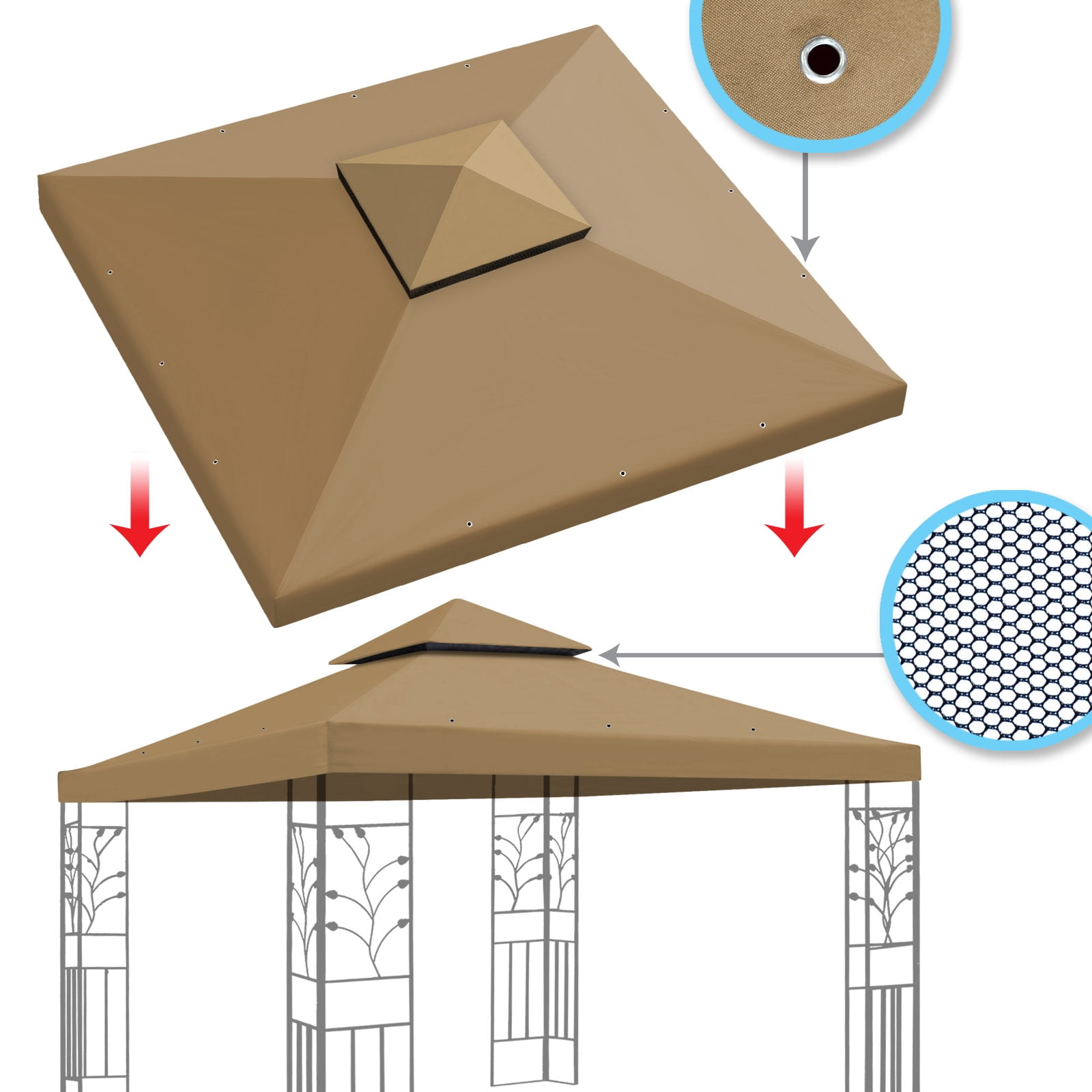 SUNNY 10x10 FT Gazebo Replacement Canopy Top Double Tier Canopy Top Cover (Tan)