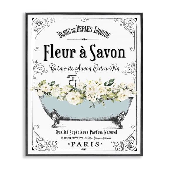 Stupell Industries Shabby Chic Vintage Parisian Bathroom Advertisement Floral Blue Tub Black Framed Giclee Art, 11 x 14, by Lettered and Lined