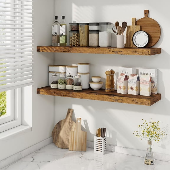 36 Inch Floating Shelves, 9.3 Inch Deep Rustic Wall Shelves - Extra Deeper Wall Mounted Storage Shelves for Bathroom, Kitchen, Living Room (Brown, Set of 2)