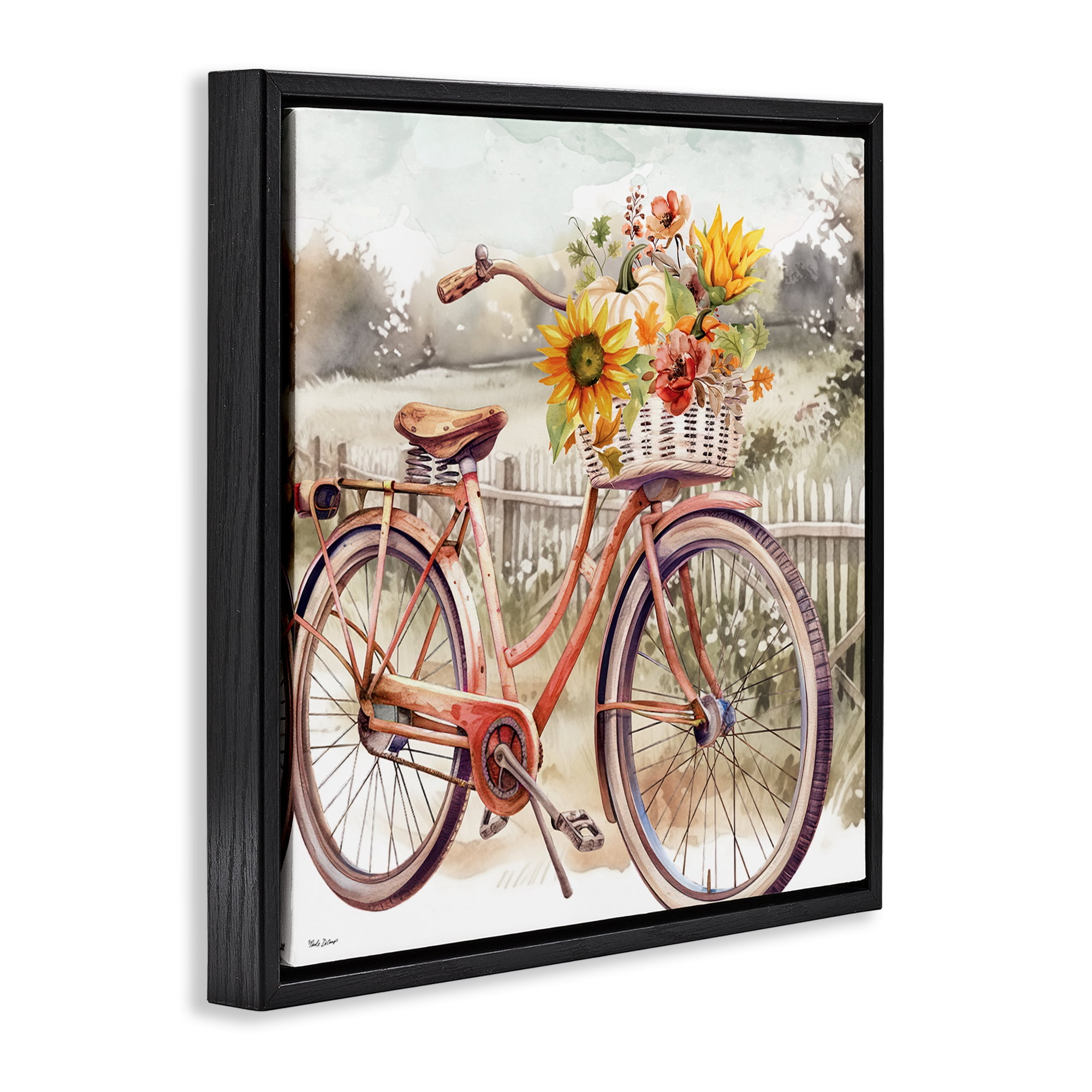 Stupell Industries Autumn Floral Bicycle Botanical & Floral Painting Black Floater Framed Canvas Art Prints Wall Art, 25 x 25