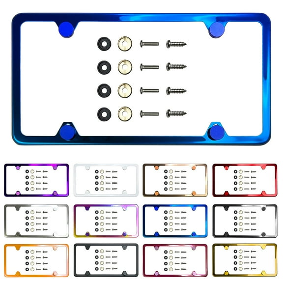 Slim 4 Holes Style Powder Coated Candy Blue Stainless Steel License Plate Frame with Aluminum Screw Cap