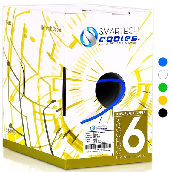 1000ft Cat6 Plenum Ethernet Cable – Pure Copper CMP Rated, 23AWG UTP, 550MHz, 10Gbps | High‑Speed Bulk Network Cable | Easy Pull Box - Blue