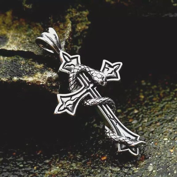 HOOUN Men Silver Snake Cross Pendant Necklace Chain Stainless Steel Punk Retro Jewelry