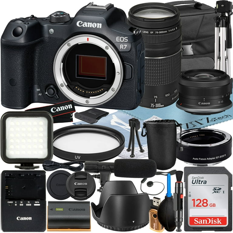 Canon EOS R100 Mirrorless Camera with RF-S 18-45mm + EF 75-300mm Lens +  Mount Adapter + SanDisk 64GB Memory Card + Case + LED Flash + ZeeTech  Accessory Bundle 