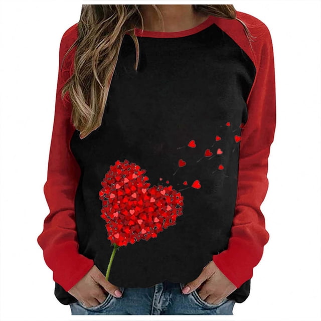 KIHOUT Chandail en Molleton de Mode pour Femmes Imprimé Saint-Valentin Décontracté Manches Longues Patchwork Col Rond Pull