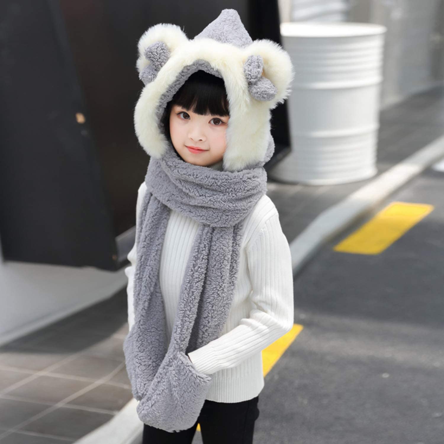 Kids Girls Boys Winter Warm Cartoon Dinosaur Fuzzy Fleece Scarf Hats Color : Beige, Size : 3-12 years Cute Hooded Scarf Earmuffs With Pockets Outdoors cap