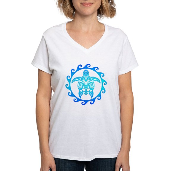 CafePress - Blue Tribal Turtle Sun T Shirt - Womens Cotton V-Neck T-shirt