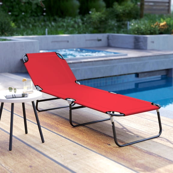 Folding Chaise Lounge Pool Chairs, Outdoor Sun Tanning Chairs with 5-Level Reclining Back, Steel Frame for Beach, Yard, Patio, Red