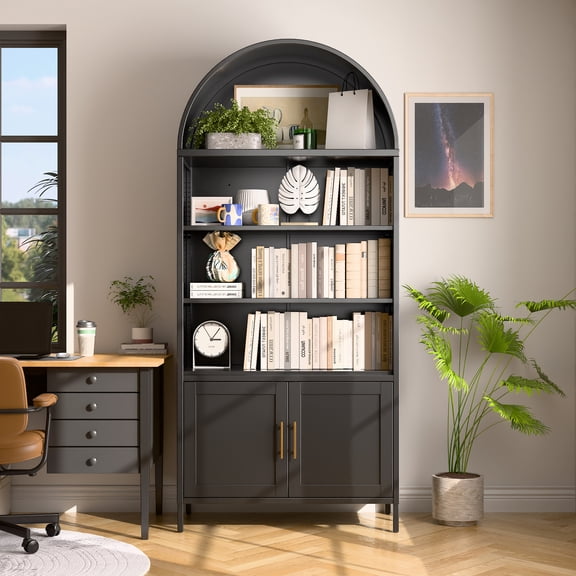 AOBABO 9 in Tall Metal Arched Bookcase, 6-Tier Arched Bookcase with Doors, Modern Farmhouse Bookshelf with 3 Adjustable Shelves,Black