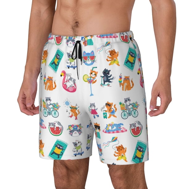 Balery Hello Summer Cat Bañador para hombre, shorts de playa de secado rápido con entrepierna y forro de compresión-X-Large