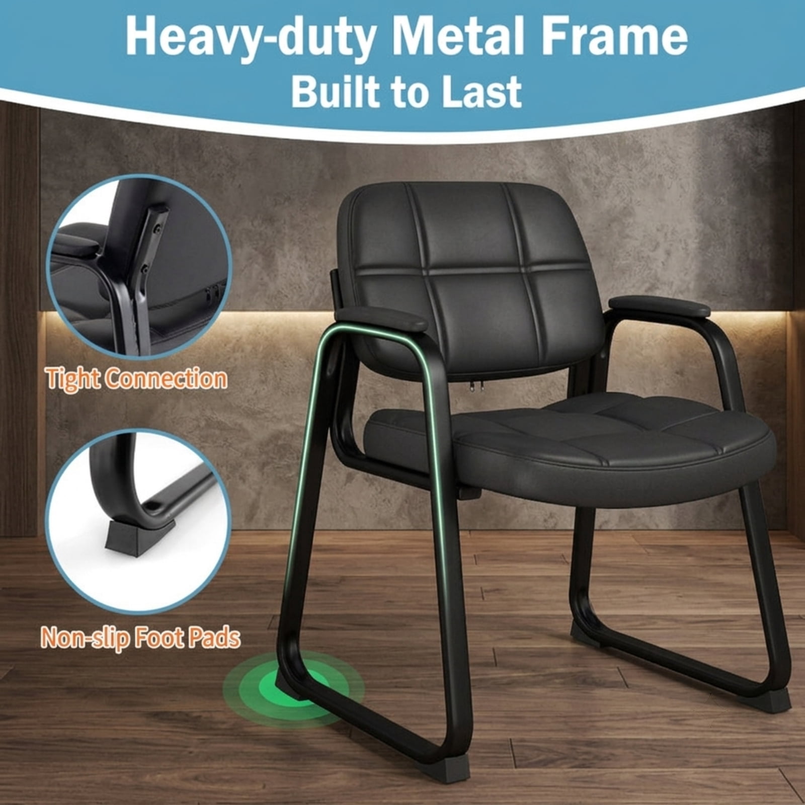 Furnibear Set of 2 Waiting Room Guest Chairs with PU Leather Upholstery and Lattice Back for Home Office and Reception, Black