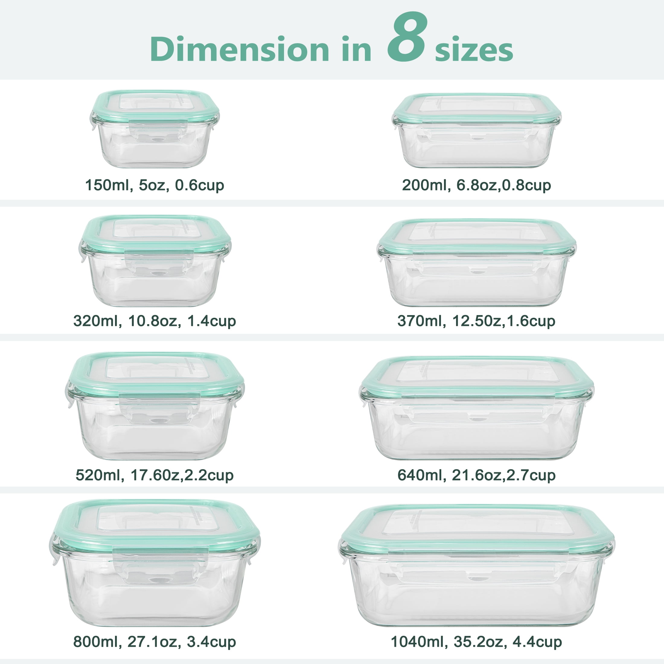 GPED 8 Pack Glass Meal Prep Containers, Food Storage Containers with Lids, Glass Lunch Boxes, Airtight Bento Boxes, for Microwave, Oven, Freezer and Dishwasher Safe, Green