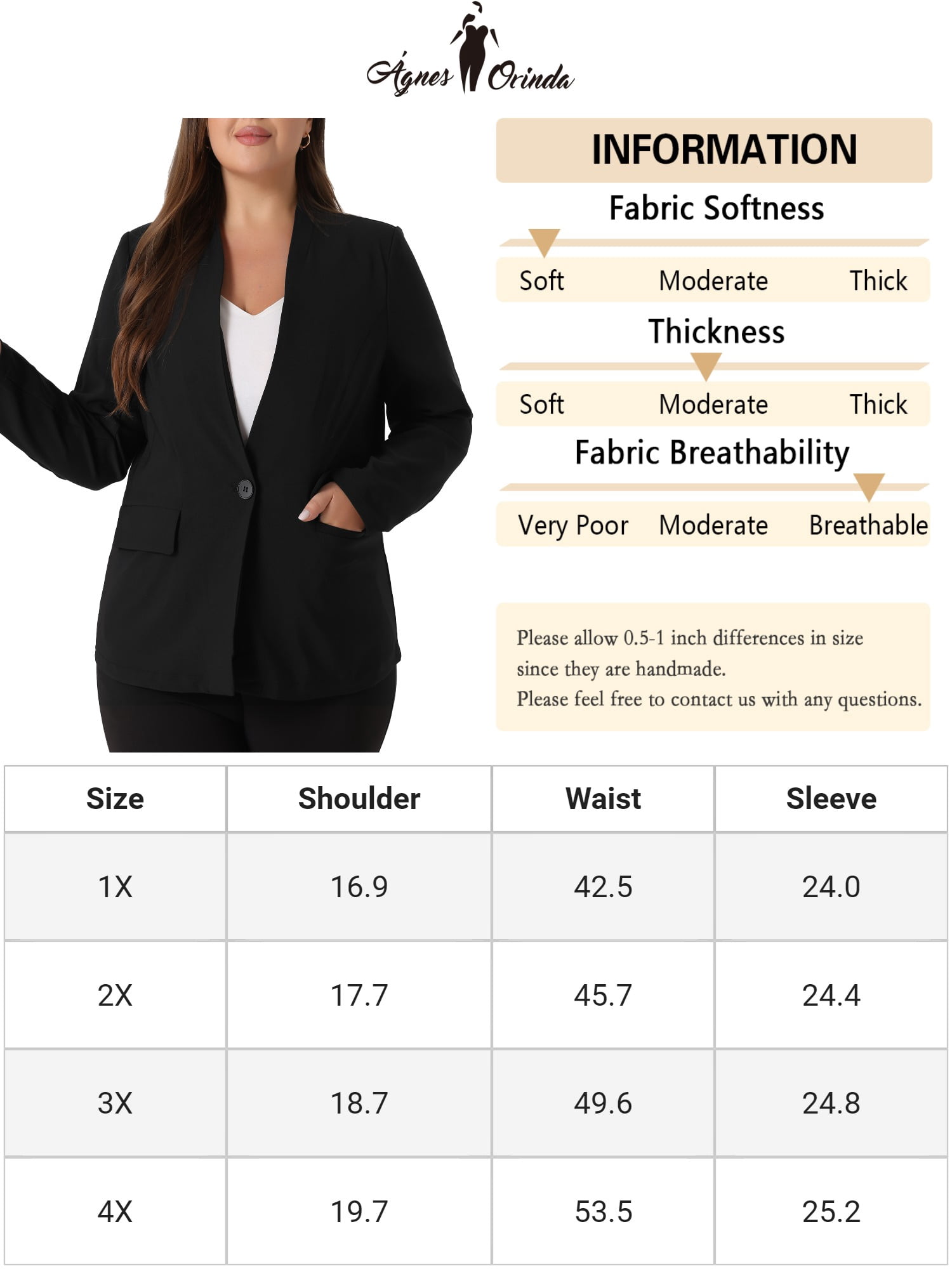 DARING DIVA Women's Plus Notched Lapel Long Sleeve Office Work Blazer Jacket 3X Black