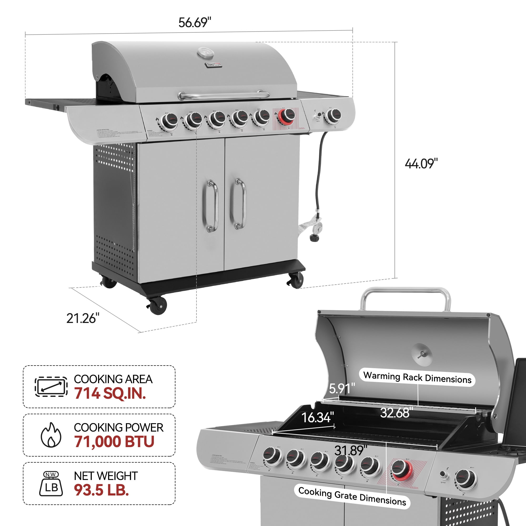 Royal Gourmet SG6002 Classic 6-Burner 71000-BTU LP Gas Grill with Sear Burner and Side Burner, Stainless Steel Sansujyuku sansujyuku.com