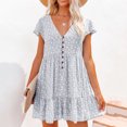 thumbnail image 2 of Prolriy Robes Printemps Été pour Femmes 2025 Robes d'Été à Manches Courtes à Fleurs Col en V Boutonnée Robes Courtes pour Femmes, Robes pour Femmes Gris TTG, 2 of 6