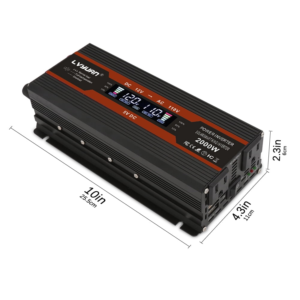 Yinleader 1000W/2000W(Peak) Car Power Inverter DC 12V to 110V AC Converter with LCD Display Dual AC Outlets and Dual USB Car Charger for Car Home Laptop Truck