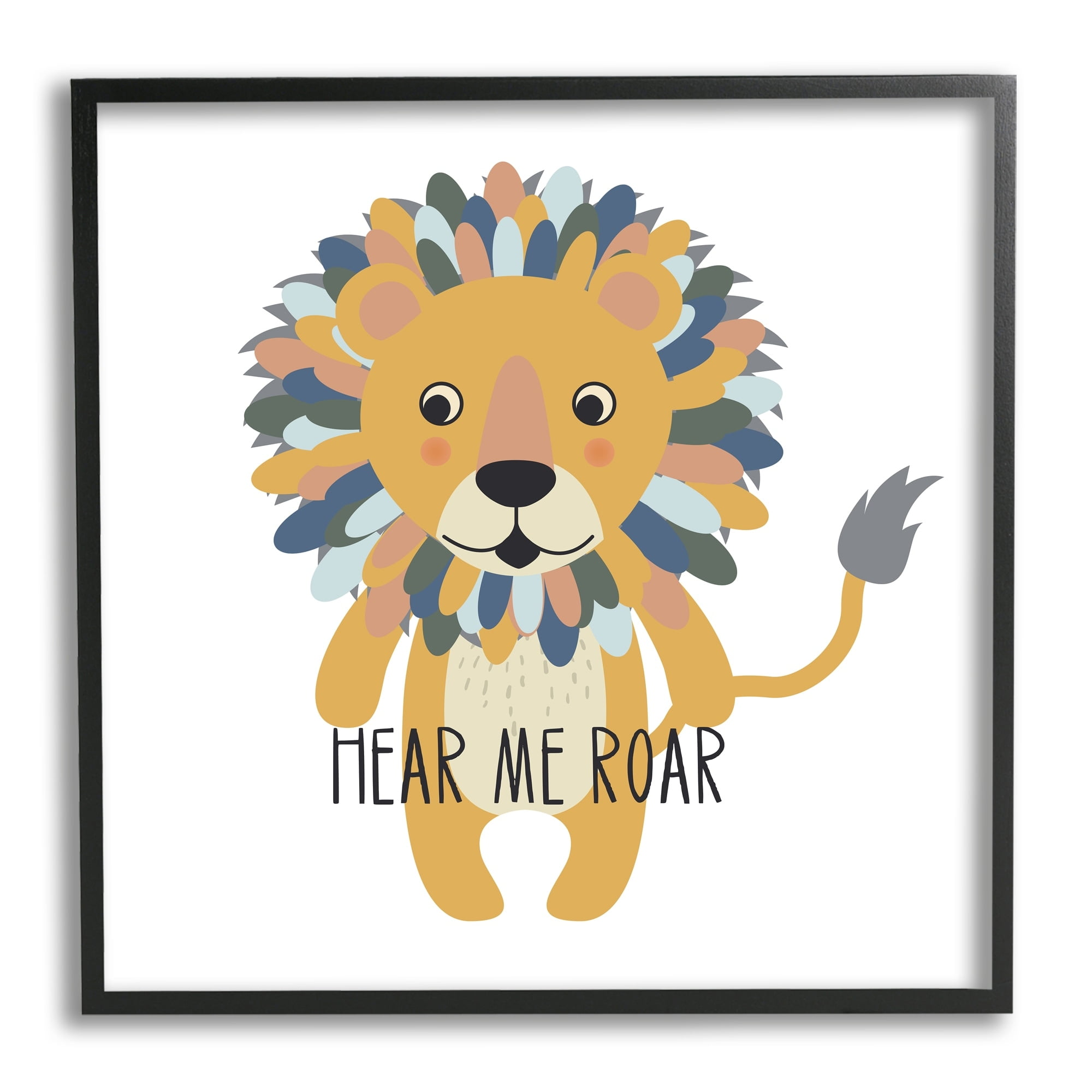 Stupell Industries Hear Me Roar Smiling Lion Fluffy Teal Mane Framed Wall Art, 17 x 30, Design by Linda Birtel