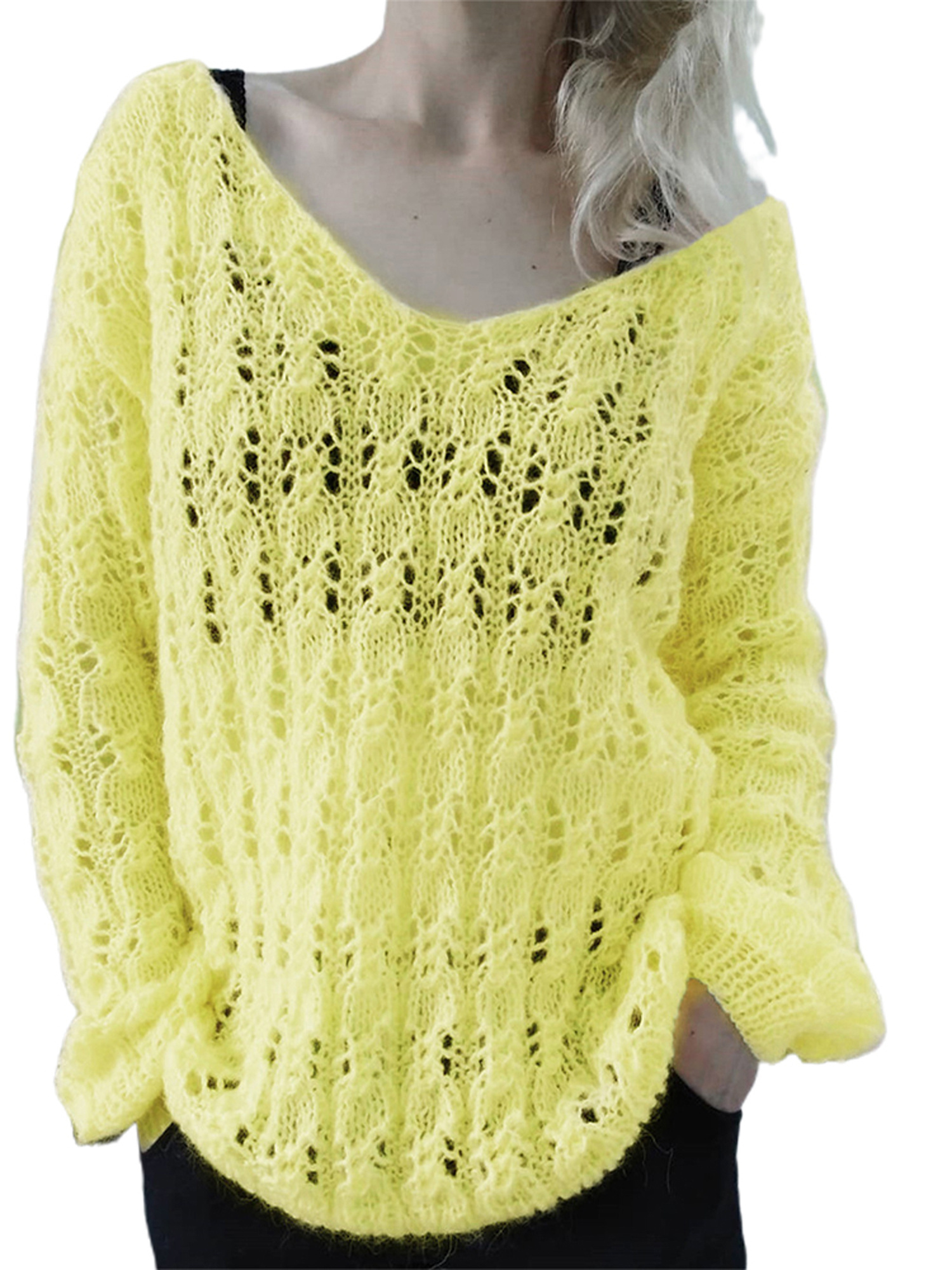 UPAIRC Women Baggy V Neck Sweater Hollow Cut Long Sleeve Blouse Ladies