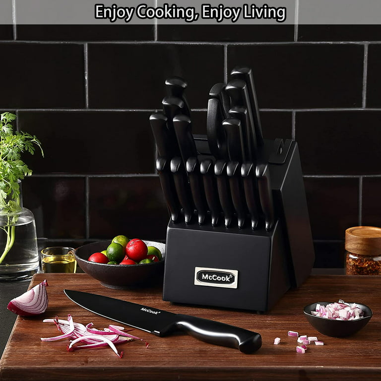 McCook MC69C Knife Block Set,20 Pieces German Stainless Steel Professional  Kitchen Knife Set with Built-in Sharpener,Black Knife Set With Block 