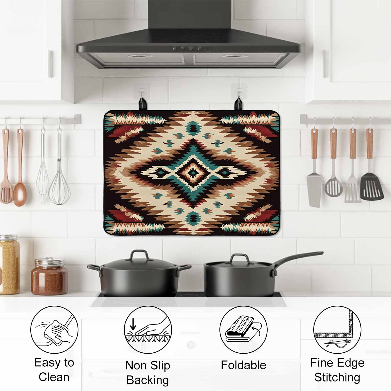 Brown Teal Red Boho Stove Top Cover for Electric Stove, Heat-proof & Non Slip Glass Top Stove Cover Protector, Southwestern Vintage Geometric Art Kitchen Flat Cooktop Rubber Mat 24x21 Inches