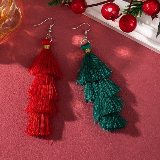 Fiudx Liquidación de ahorros de verano Pendientes de borlas con adornos navideños Pendientes de borlas rojas y verdes con árbol de Navidad Un par de borlas de seda glamorosas de moda