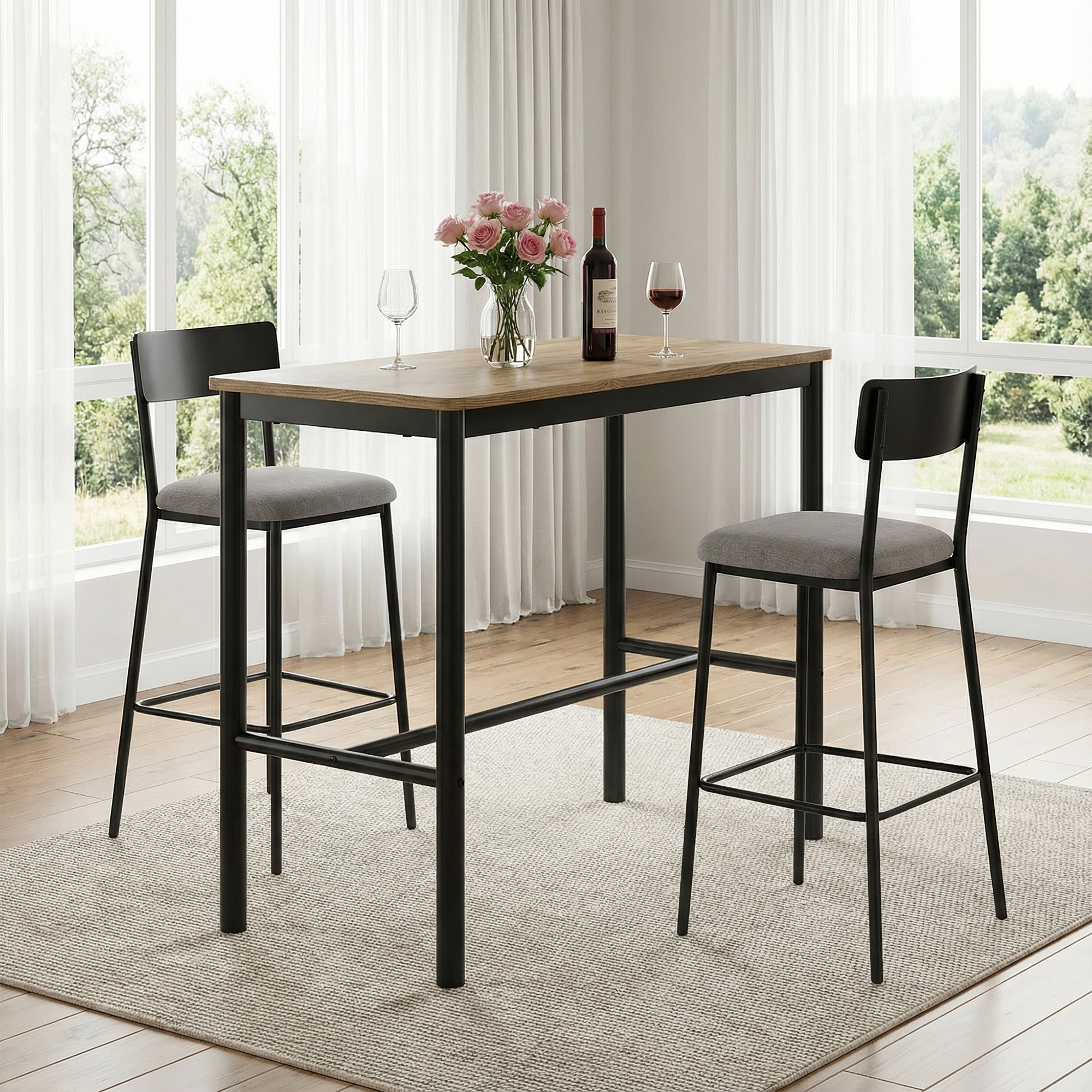 MAYEERTY 47"Counter Height Rectangular Pub Table with Metal Legs & Wood Top, Modern Industrial Design, Brown