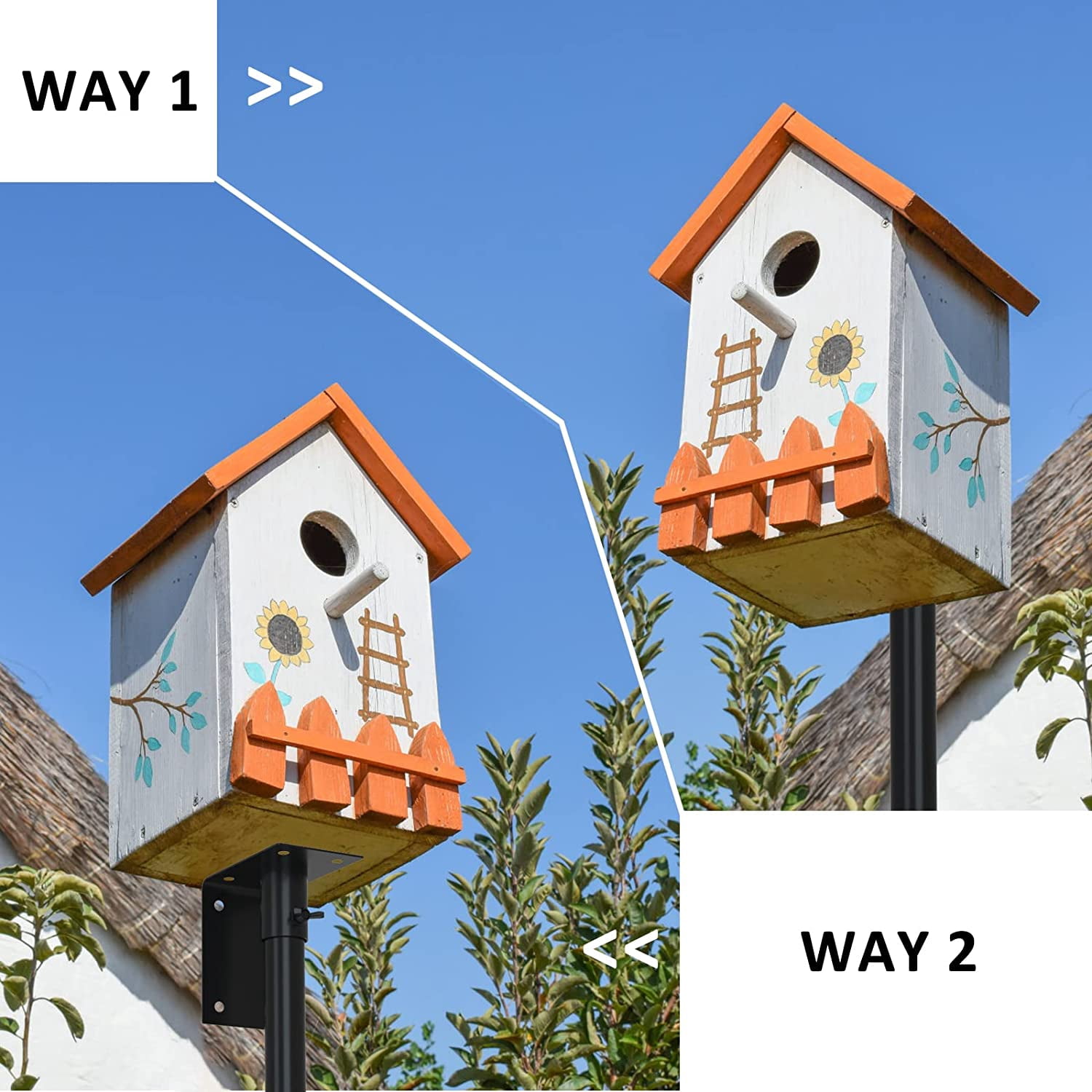Bird House Pole Mount Kit 96 Inch - Adjustable Hummingbird Bird Feeder Post Support Rod Universal Stand Set with 5 Prongs for Outdoor, Yard, Garden Decor, Black