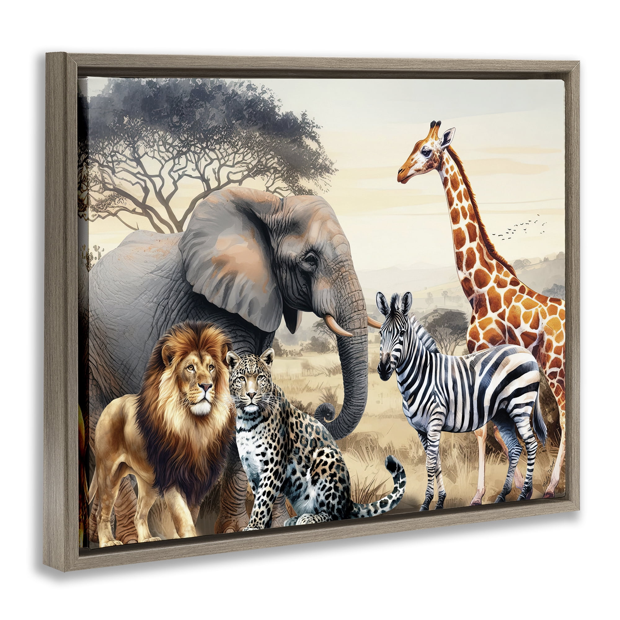Stupell Industries Grouped Jungle Animals Animals Painting Brown Floater Framed Canvas Art Print Wall Art, 21 x 17
