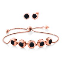 Gem Stone King 5.60 Ct Round Black Onyx 18K Rose Gold Plated Silver Bracelet for Women