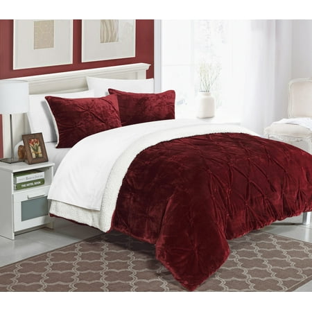 Red Bohemian Bedding Chic Home 3-Piece Chiara Pinch Pleated Ruffled and Pin tuck Sherpa Lined Queen Bed In a Bag Comforter Set Burgundy ()