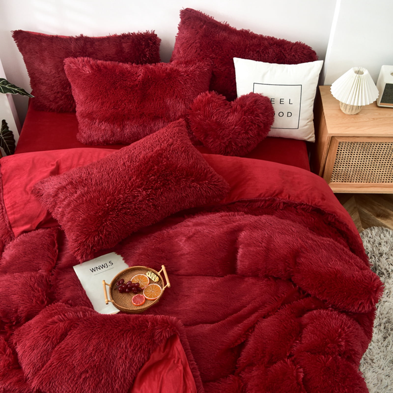MorroMorn 5 PCS Shaggy Duvet Cover Bedding Set - Fluffy Comforter Cover Long Faux Fur Luxury Ultra Soft Cozy (Dark Red, King/California King)